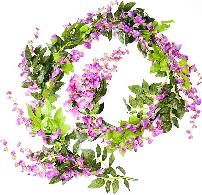 DearHouse 4Pcs 6.6Ft/Piece Artificial Flowers Silk Wisteria Garland Artificial Wisteria Vine Rattan Silk Hanging Flower for Home Garden Outdoor Ceremony Wedding Arch Floral Decor