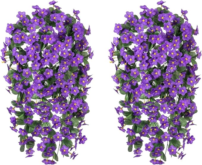 HyeFlora Artificial Faux Hanging Plants Flowers Vines for Outdoor Outside Winter Decoration, 2PCS Fake Silk Purple Daisy Mums UV Resistant Look Real Orchid Vine for Front Door Porch Planter Balcony
