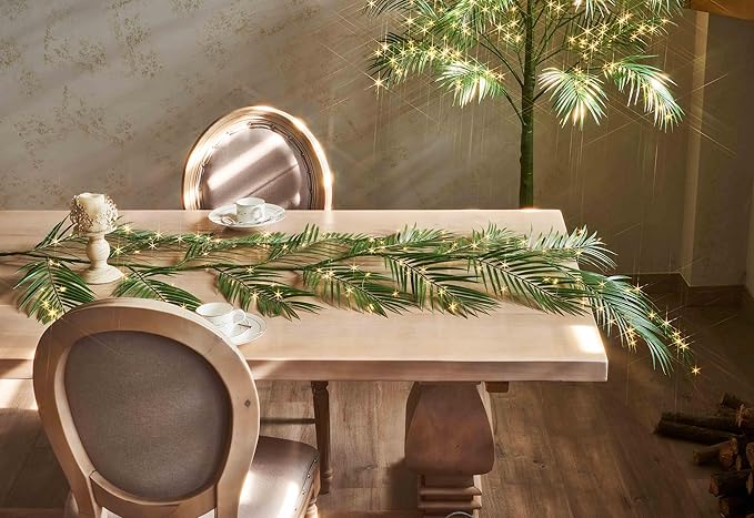 LITBLOOM Lighted Palm Garland with Timer 6FT 120 LED Fairy Lights, Greenery Garland Battery Operated or USB Plug in for Summer Christmas Fireplace Mantle Decoration Inside