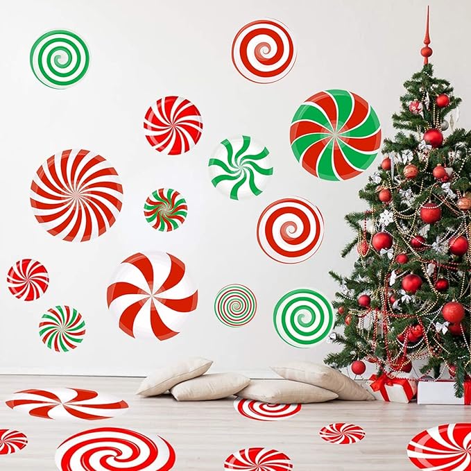 54 Pcs Christmas Candy Wall Decals Decorations Christmas Wall Stickers Peppermint Candy Floor Decals for Xmas Candyland Party Decorations