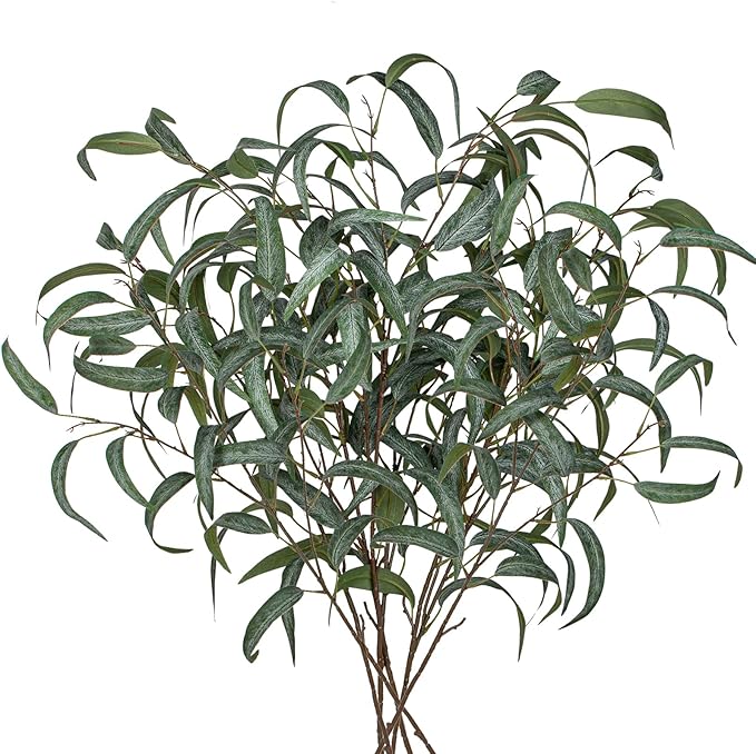 Faux Eucalyptus Stems - 34' Long Fake Salix Leaves 6 Pcs Artificial Greenery Stems for DIY Bouquet Arrangements, Centerpieces, Shower Decorations