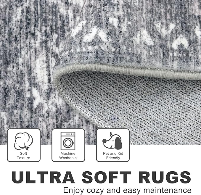 KILOCOCO Hallway Runner Rug 2'x8' Runners for Hallways Washable Runner Rug Non Slip Rubber Backed Low-Pile Runners for Bedroom Kitchen Living Room Laundry Room Boho Rugs, Grey