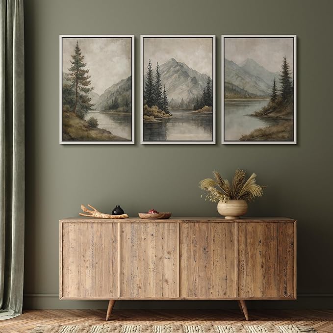MUDECOR Framed Wall Art Print Set Mountain Landscape Nature with Trees, Lake, and Mountains, Rustic Illustrations Modern Art Decorative Colorful for Living Room, Bedroom, Office - 16"x24"x3 White