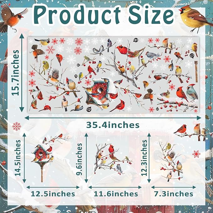 Winter Window Stickers Christmas Window Clings Double-Sided Xmas Sticker for Indoor Outdoor Decor Winter Birds Tree Branch Windows Decals for New Year Christmas Holiday Party Living Room Home Decor