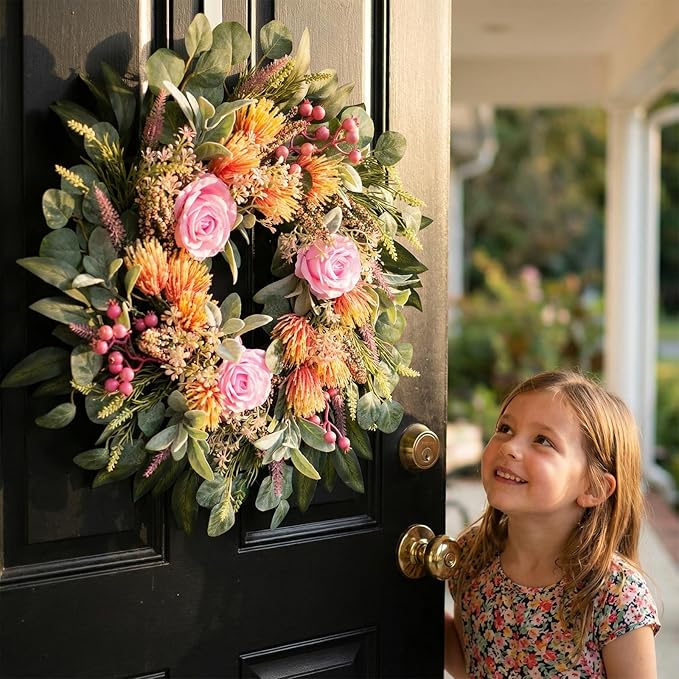 24 Inch Spring Rose Wreath Handmade Wreath for Front Door, with Eucalyptus Berries & Flocking Prote, Farmhouse Wreath for Home Indoor Outdoor Wall Festival Farmhouse Holiday Decor Year Round