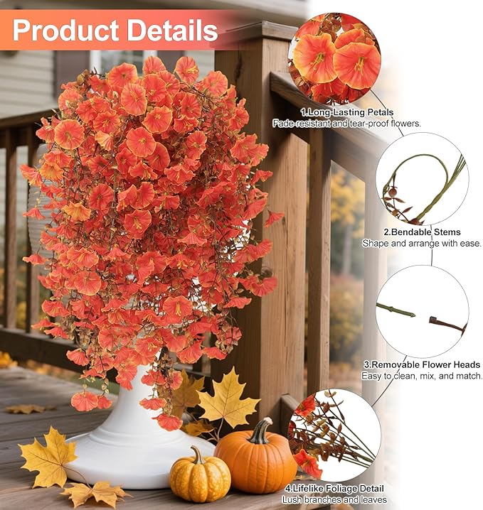 Fall Decor Artificial Flowers for Outdoor Decoration, 4Pcs Fake Hanging Flowers Morning Glory UV & Fading Resistant, Artificial Faux Plants for Home Patio Yard Garden Farmhouse Halloween