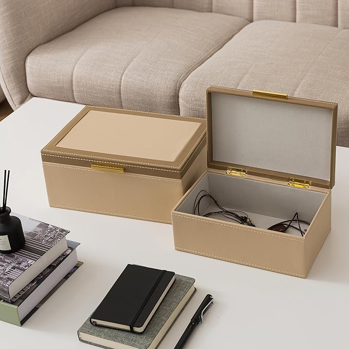 Soul & Lane Faux Leather Decorative Boxes with Lids and Gold Hardware for Home Decor, Set of 2 Stacking Hinged Boxes for Coffee Table and Living Room Shelves, Remote Control Holder, Two-tone Sand