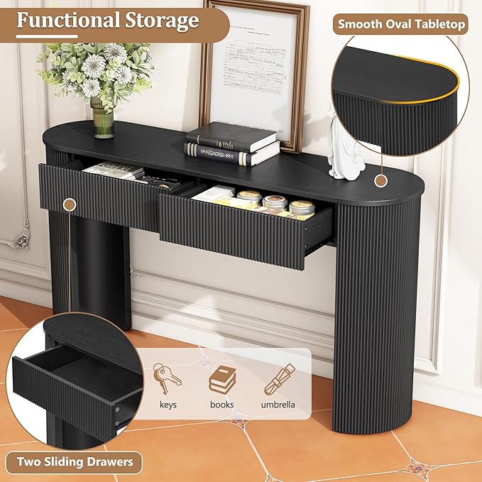 Modern Versatile Console Table with Oval Top and 2 Drawers, Wooden 54'' Long Entryway Table Accent Sofa Table for Hallway Living Room, Unique Vertical Stripe Design (Black-1.27)