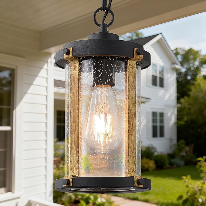 LOUSACE Farmhouse Outdoor Pendant Light for Porch, 1-Light Outdoor Chandelier Matte Black Aluminum with Clear Seeded Glass & Wood Grain, Exterior Hanging Pendant Porch Light Fixtures for Entrance, ETL