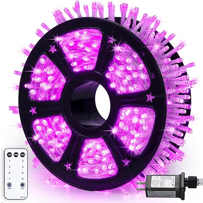 JMEXSUSS 500 LED Pink Christmas Lights, 8 Modes 163ft Waterproof Pink Room Lights Outdoor Plug in with Remote Control, Clear Wire String Light for Tree Outside Yard Wedding