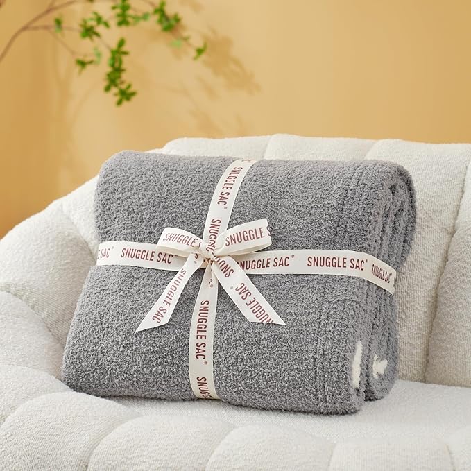 Snuggle Sac Ultra Soft Throw Blanket for Couch Bed Sofa 50x60 inches, Reversible Grey Blanket Microfiber Fluffy Fuzzy Cozy Knit Throws for Women Mothers Birthday Gifts