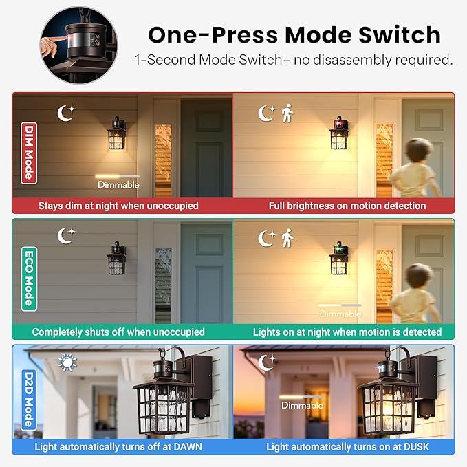 Gleamz Motion Sensor Exterior Garage Lighting Fixtures with GFCI Outlet, Farmhouse Oil Rubbed Bronze Gold Trim Outdoor Porch Lights Wall Mount, Waterproof Dusk to Dawn Outdoor Sconce Lights for House