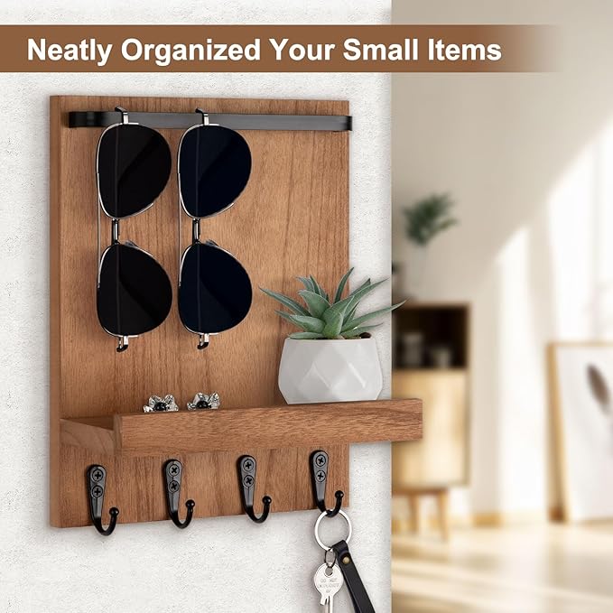 Key Holder Wall Mount, Key Holder for Wall with 4 Hooks, Farmhouse Key Hanger Holds Dog Leash, Sunglasses – Decorative Mail Organizer Home Decor (Wood)