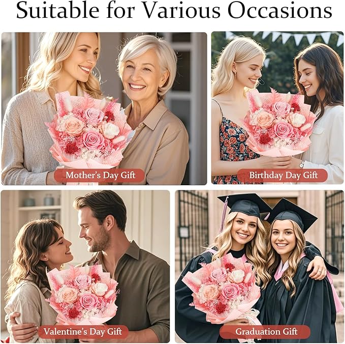 Preserved Flowers Bouquet 4 Roses - Pink Roses & Flowers for Delivery, Long-Lasting Real Roses Forever, Eternal Roses Bouquet for Mothers, Mom, Wife Anniversary Birthday Gifts for Women