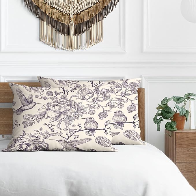 Chinoiserie Pillow Protectors with Zipper Standard Size Vintage Floral Birds Print Pillow Covers Set of 2 Rustic Nature Gold Flowers Pillow Cases Antique Midcentury Bed Pillow Covers 20"x36" Beige