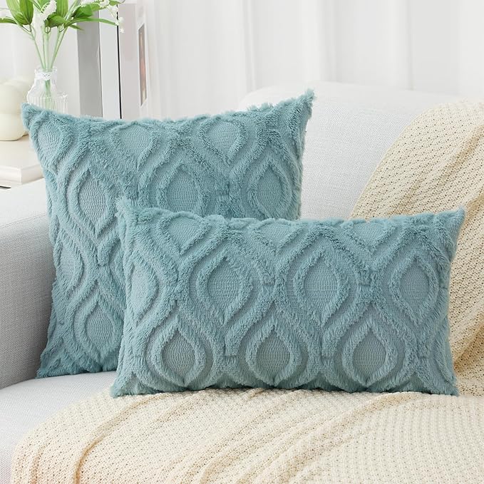 decorUhome Throw Pillow Covers 24x24 Inch Set of 2, Soft Plush Faux Wool Aqua Solid Couch Pillow Covers, Accent Farmhouse Neutral Square Pillow Cases for Sofa Bed Living Room