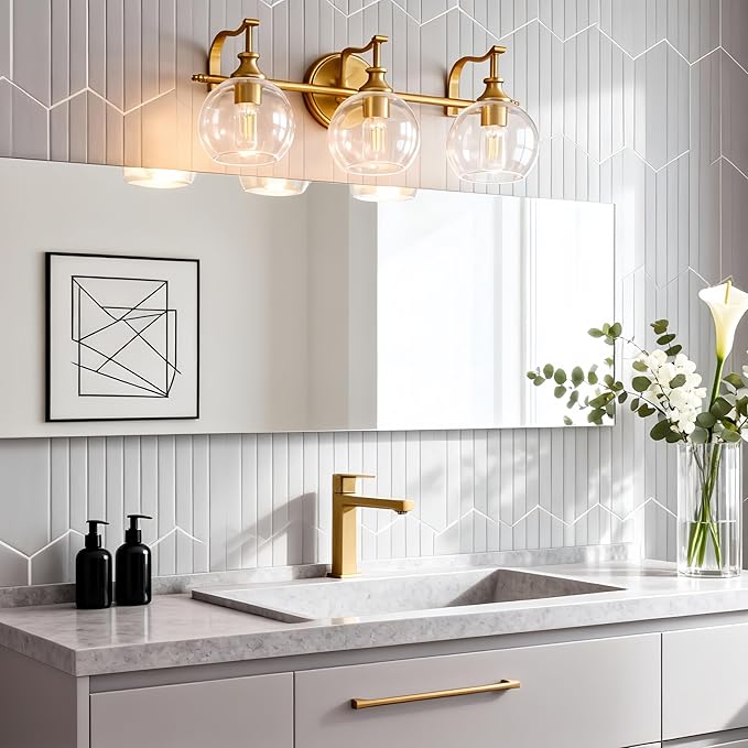 ANDY STAR Bruhsed Gold Bathroom Light Fixtures, Gold 3 Light Bathroom Vanity Lights, 3 Lights Wall Light with Globe Clear Lampshade, Vintage Brass Sconce with Metal Lamp Body for Bedroom, Living Room