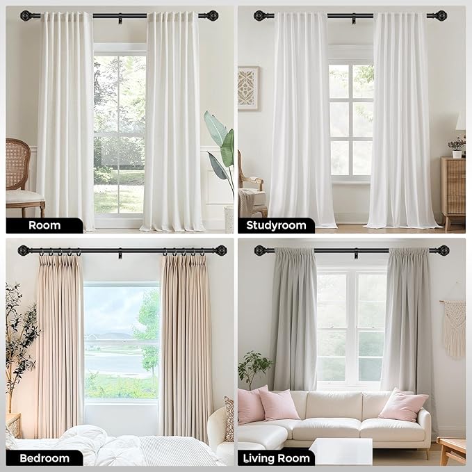 Long Black Curtain Rod, Heavy Duty 1 Inch Decorative Curtain Rods for Windows 72 to 144 Inch, Single-Side Adjustable Vintage Rustic Matte Black Drapery Pole with Boho Netted Texture Finials