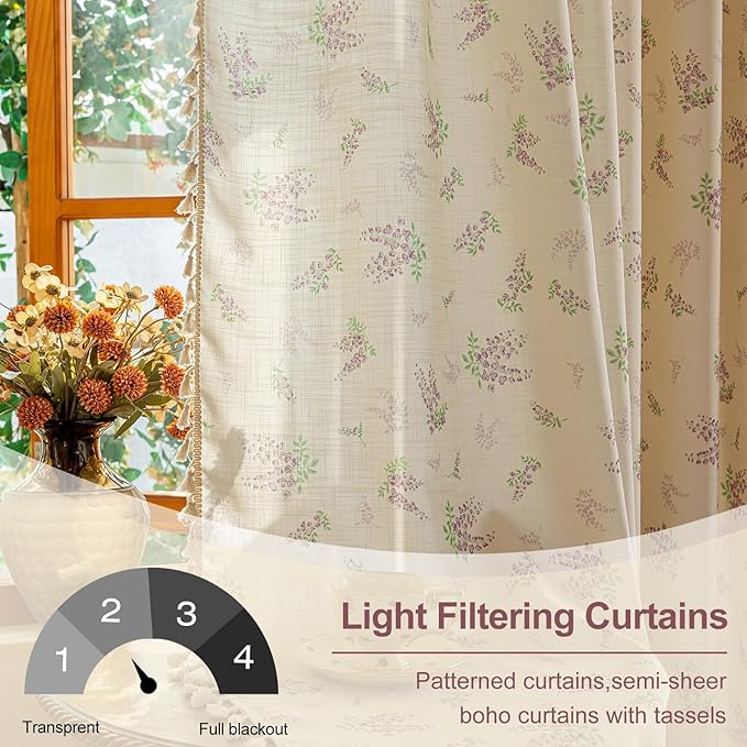 OYX Purple Boho Floral Curtains 84 Inch Length 2 Panels for Living Room, Bedroom Light Filtering Drapes, Farmhouse Country French Rustic Tassels Patterned Rod Pocket Aesthetic Decor Window Treatments
