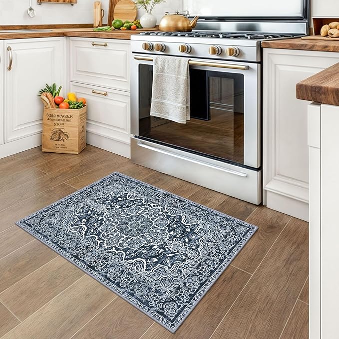 KUTA Vintage Small Area Rug 2x3 Non-Slip Washable Entryway Rugs Navy Blue Ultra Soft Modern Floral Doormat Printed Retro Distressed Carpet Accent Farmhouse Kitchen Throw