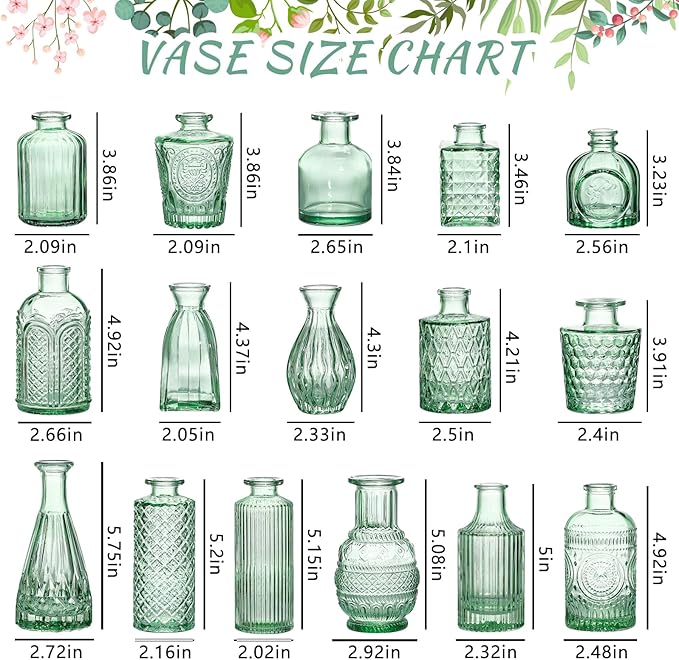 Glass Bud Vase Set, 16pcs Small Green Flower Vases for Table Centerpieces in Bulk, Mini Vintage Vase for Wedding, Home, Table Decoration