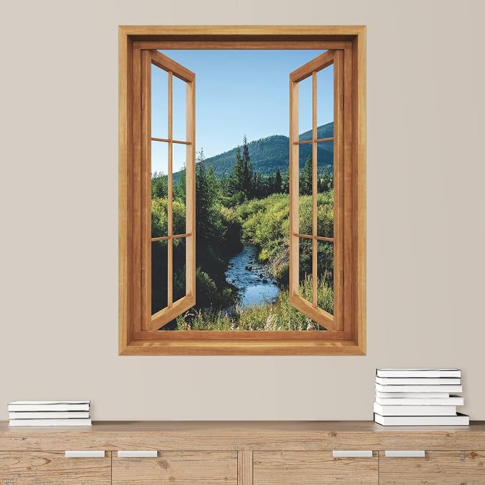 SIGNWIN Removable Wall Sticker/Wall Mural Window View Montana Mountain Range Forest Nature Wilderness Photography Realism Decorative Landscape Digital Art for Living Room, Bedroom, Office - 36"x48"