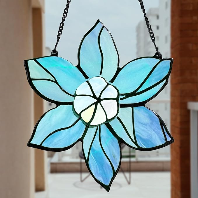 Stained Glass Window Hanging - Blue Christmas Flower Suncatcher for Doors Garden Kitchen Floral Sun Catchers Home Decor Birthday Holiday for Women Aunt Mom Nana Gardener