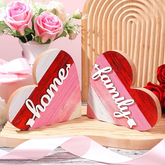 Jetec 2 Pcs Rustic Table Decorations for Living Room Home Decor Farmhouse Valentines Day Centerpiece Small Love Wooden Heart Decor for Dining Room Shelf Valentines Gift Decoration(Sweet Style)