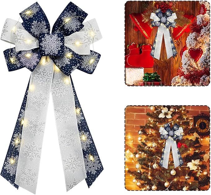 Hying Large LED Christmas Bows for Wreath, Merry Christmas LED Wreath Bow White Snow Burlap Bows with LED Lights Xmas Tree Topper Bows for Front Door Happy New Year Christmas Party Decoration Supplies