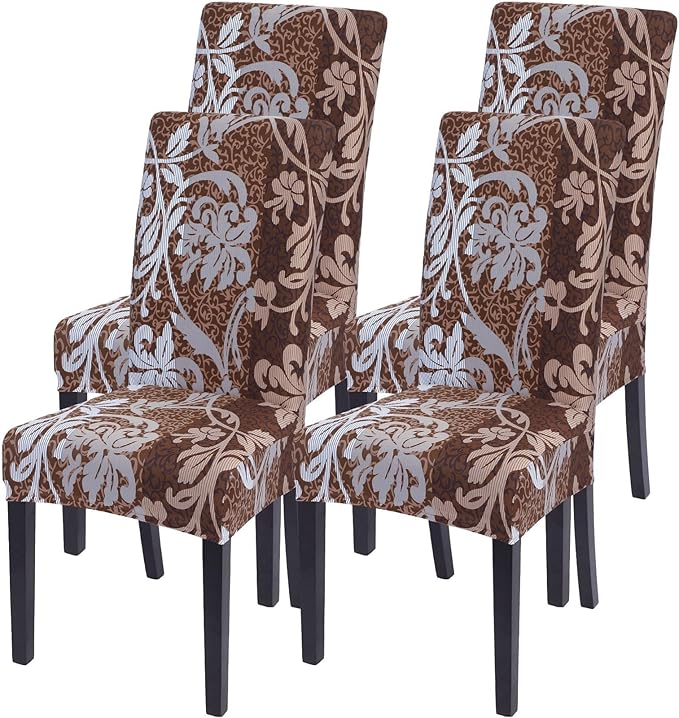 SearchI Dining Room Chair Covers Set of 4, Stretch Printed Parsons Chair Slipcovers Removable Washable Kitchen Chair Protector Cover for Dining Room, Hotel, Ceremony (Brown+Flower)