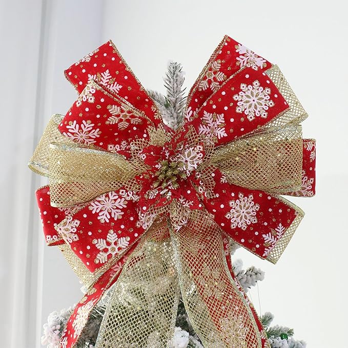 Christmas Tree Topper, Bow Large Christmas Bow Tree Topper, for Xmas Ornament Holiday Home Wedding Thanksgiving Indoor/Outdoor Decoration (Red Gold)