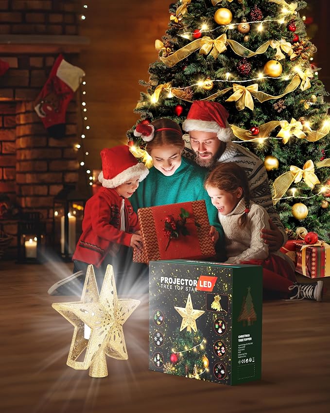 Christmas Tree Topper Star Lighted with 32.8ft Breathing Flickering String Lights & 6 LED Projection Modes, Gold Christmas Star Topper for Indoor Xmas Holiday Tree Decoration