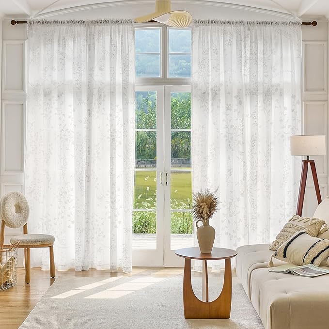 Anmao White Semi Sheer Light Filtering Curtains 72 Inches Long 2 Panels, Flower Pattern Drapes for Living Room Bedroom, Rod Pocket Sheer Window Treatments with Floral Design, 52x72 Inch