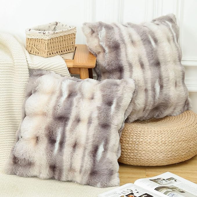 MADIZZ Pack of 2 Thick Plush Wool Throw Pillow Covers 18x18 Inch Grey Taupe Soft Neutral Decorative Throw Pillows Accent Boho Cushion Covers for Couch Sofa Bedroom Pillow Shell