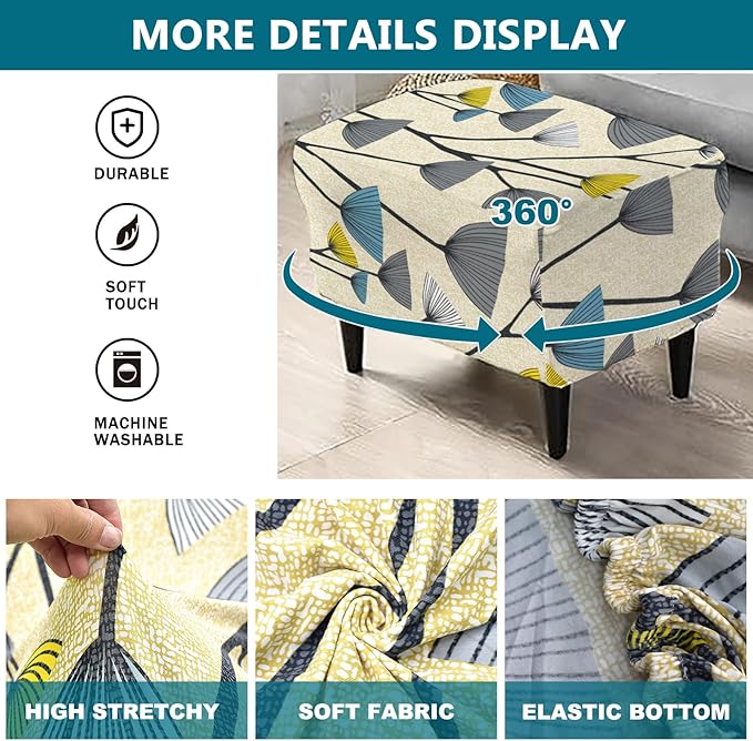 KRFOONN Stretch Ottoman Cover Slipcovers Rectangle Fit Length 55"-63" Footrest Stool Covers Printed Ottoman Cover for Foot Stool Furniture Protector with Non Slip Elastic Bottom, Color 19