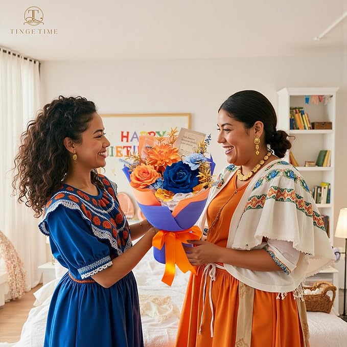 TINGE TIME Preserved Flowers Bouquet, Orange & Navy Blue Roses Gift Bouquet, Aritifical Flowers Gifts for Women, Eternal Roses Bouquet for Wife Anniversary Christmas Anniversary Home Décor