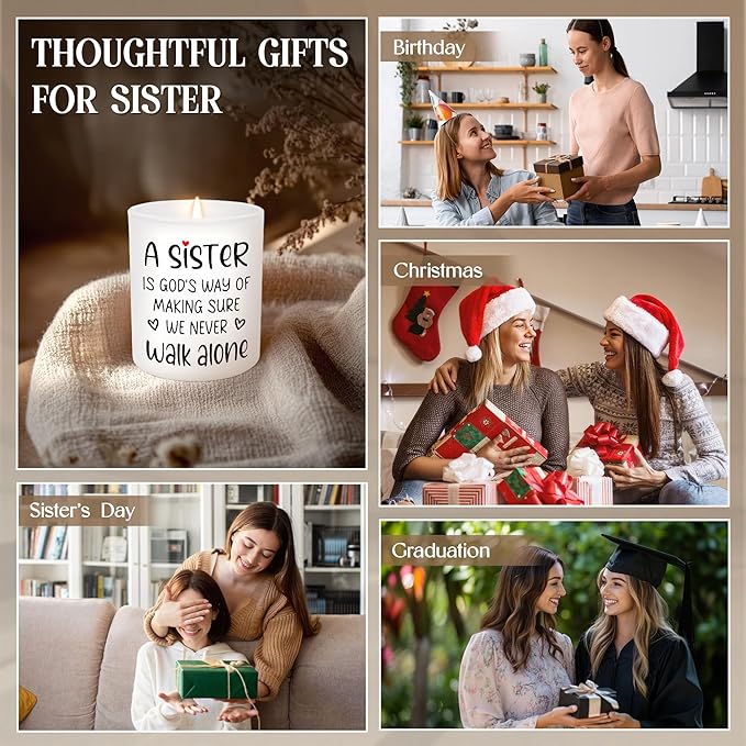 TEEZWONDER Christmas Sister Gifts for Women - A Sister Never Walk Alone Long Lasting Vanilla Lavender Candle 10 oz - Christian Birthday Gifts for Sisters from Sister, Candle for Women