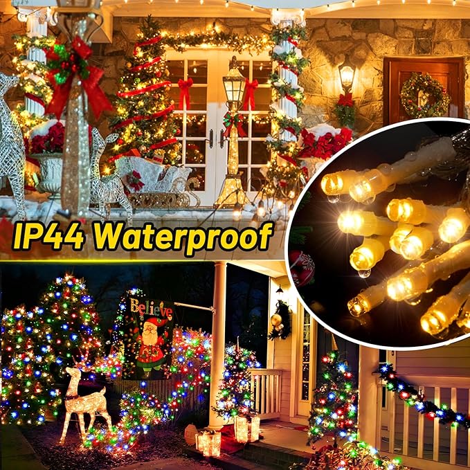 KNONEW Christmas Lights Outdoor 500 LED 197FT Clear Wire Color Changing String Lights with 11 Modes & Timer Dimmable Fairy Light for Xmas Tree Roof Yard Wedding Decorations(Warm White to Multicolor)