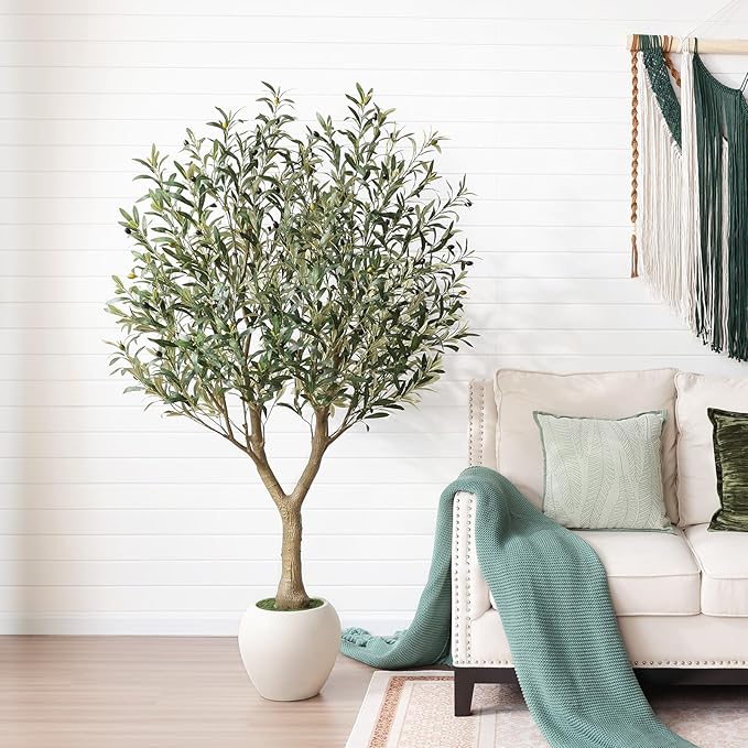 Olive Trees Artificial Indoor,6Ft Large Faux Plants,Tall Fake Tree with 12in White Round Planter,Full & Lush Faux Olive Tree for Home Decor Living Room, Office or Bedroom,Housewarming