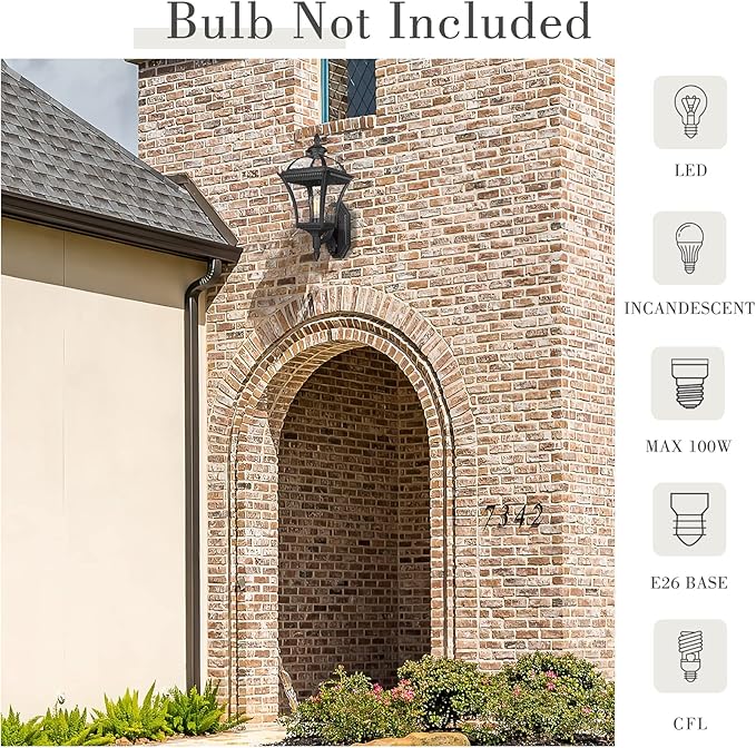 Emliviar 23 Inch Modern Exterior Light Fixture, Large Vintage Outdoor Porch Light for House, Die-Cast Aluminum with Seeded Glass, Black Finish, XE266B BK