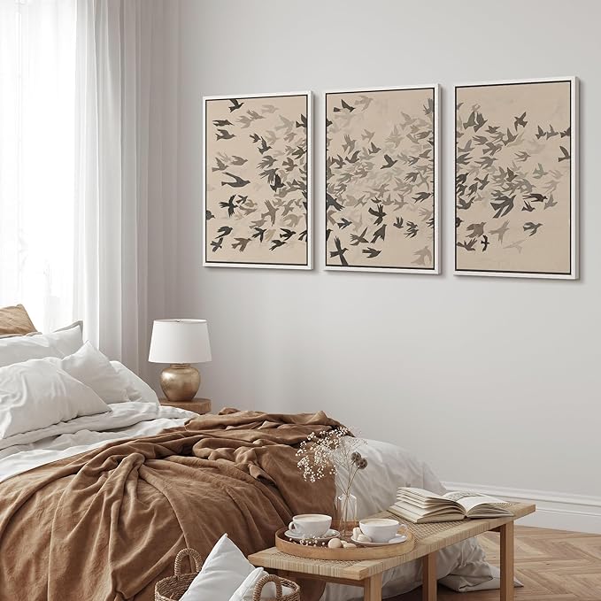 MUDECOR Framed Wall Art Print Set Minimalist Subtle Birds in Motion Illustrations Modern Art Boho Decorative Colorful Chic for Living Room, Bedroom, Office - 24"x36"x3 White