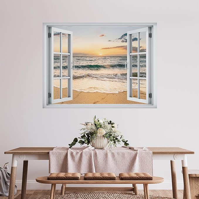 SIGNWIN Removable Wall Sticker/Wall Mural Window Golden Hour Over Waves and Sandy Shore Photography Realism Decorative Landscape Digital Art for Living Room, Bedroom, Office - 36"x48"