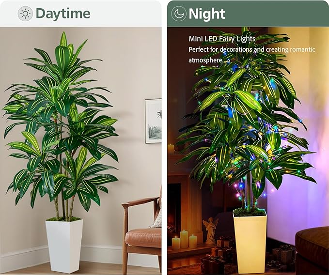 Artificial Dracaena Plant 6FT - Fake Tree with Tall Planter and Fairy Lights, Artificial Trees Faux Yucca Plants Indoor, Fake Plants for Home Office Living Room Decor Christmas