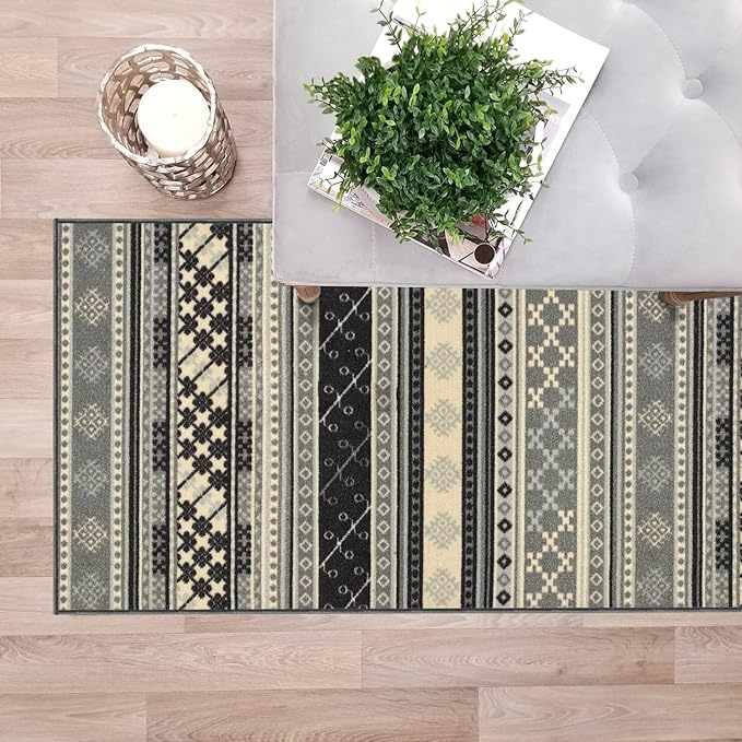 Kapaqua Custom Size Grey Bohemian Kilim Rubber Backed Non-Slip Hallway Stair Runner Rug Carpet 22 inch Wide Choose Your Length 22in X 10ft