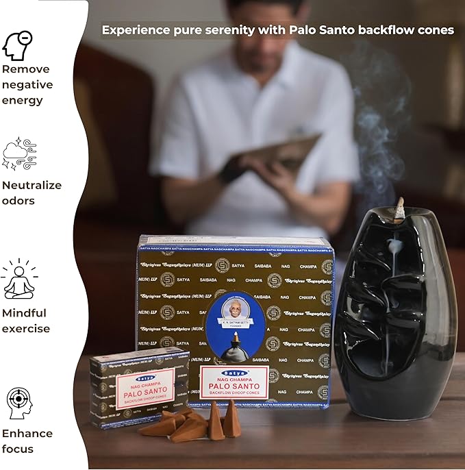 Palo Santo Backflow Incense Cones for Waterfall Aromatic Smoke Fountain Haze Falls and Mat Bundle - Pack of 12