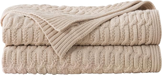 WDCOZY Cable Knit Throw Blanket – Super Soft, Warm & Lightweight Knitted Jacquard Throw Blanket for Couch, Sofa, Bed, Chair, Cozy Texture Farmhouse Decorative Home Blanket, Beige 50x60 inches