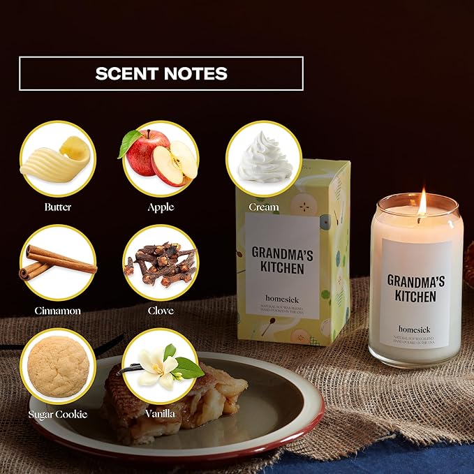 Homesick Scented Candles for Home (Grandma's Kitchen) - 13.75 oz Long-Lasting Natural Soy Wax Blend Jar Candle Gifts for Women & Men, 60-80 Hours Burn Time - Notes of Butter, Apple & Cream