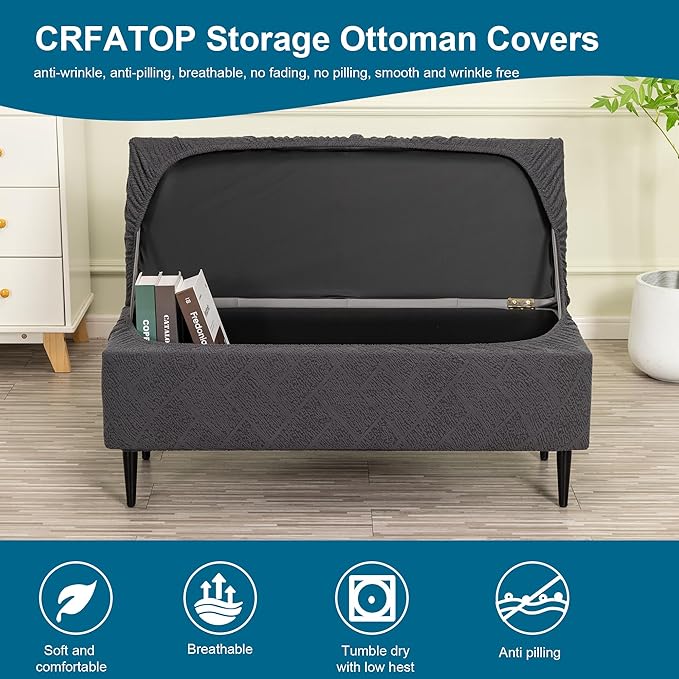 CRFATOP Jacquard Ottoman Stool Cover Stretch Folding Storage Footstool Bench Slipcovers Upholstered Foot Chest Chair Covers Washable Entryway Furniture Protector with Elastic Bands,S,Dark Grey
