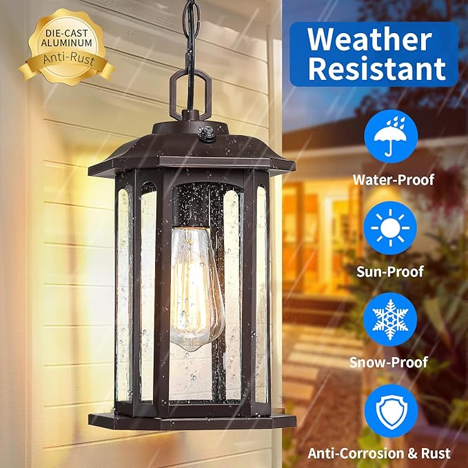 13.4'' Dusk to Dawn Outdoor Pendant Lights for Porch, Brown Hanging Porch Light with Seeded Glass, Waterproof Outdoor Chandelier Farmhouse Ceiling Light Fixture Lanterns, 1Pack
