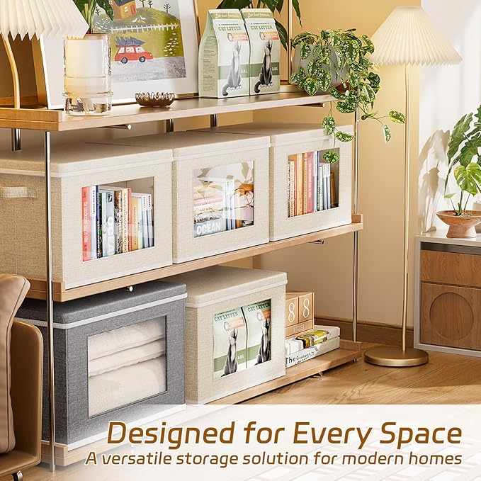 4-Pack Fabric Foldable Storage Bins Closet Storage Box with Window Decorative Storage Bins with Lids for Clothes, Closet, Books, Living Room, Beige, 15“ x 9.8” x 9.8"